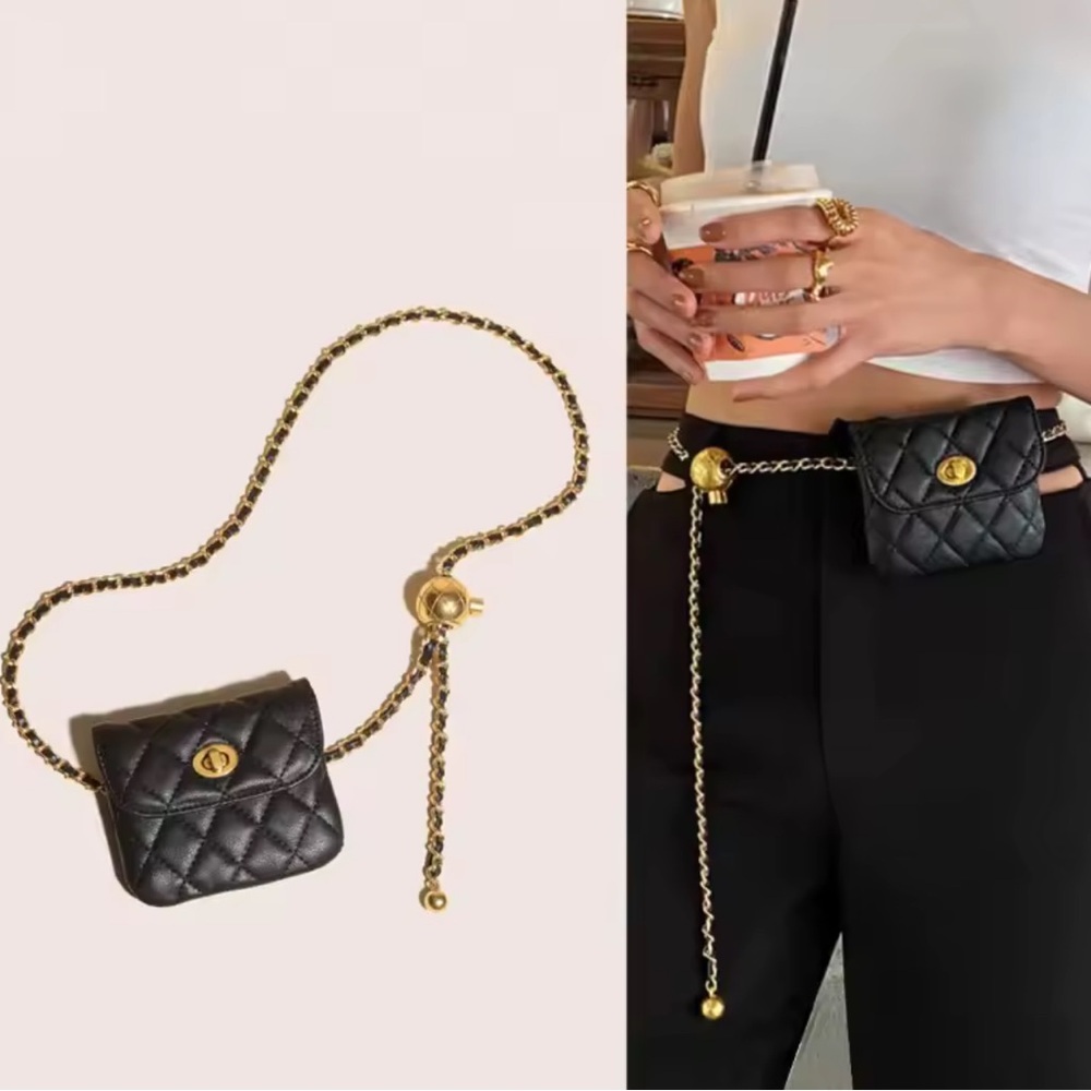 Black Quilted Chain Belt Bag - Picture 3 of 12